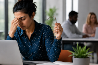 Mulher com dificuldade de concentração e cansaço mental enquanto trabalha ao computador, representando a sensação de brain fog ou névoa mental