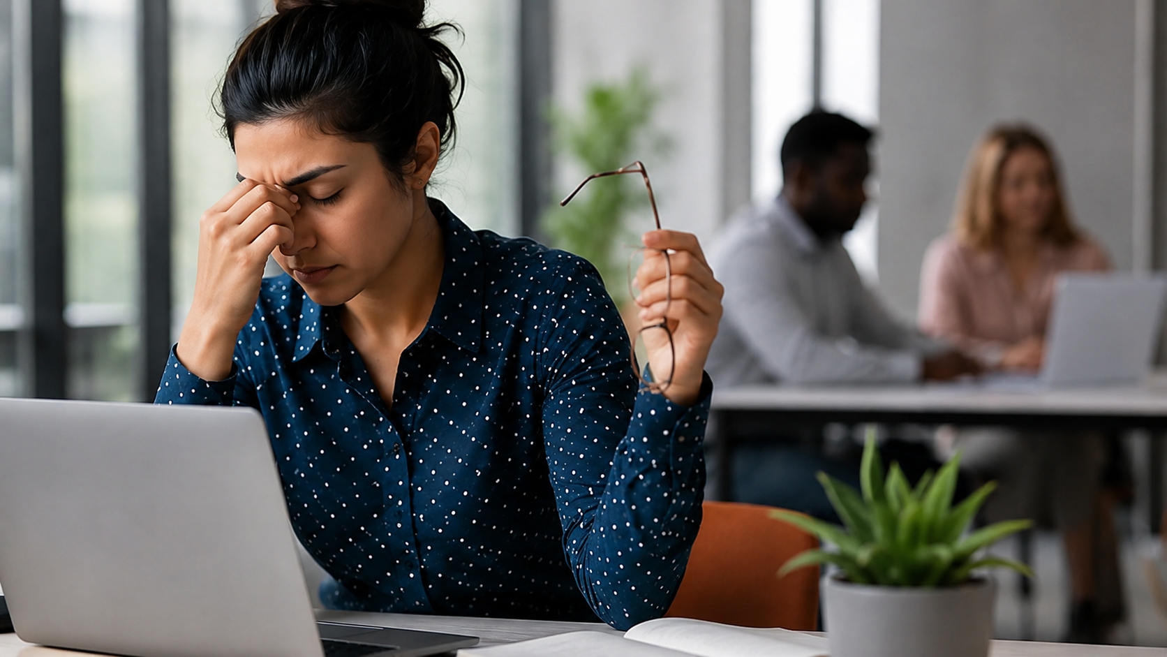 Mulher com dificuldade de concentração e cansaço mental enquanto trabalha ao computador, representando a sensação de brain fog ou névoa mental