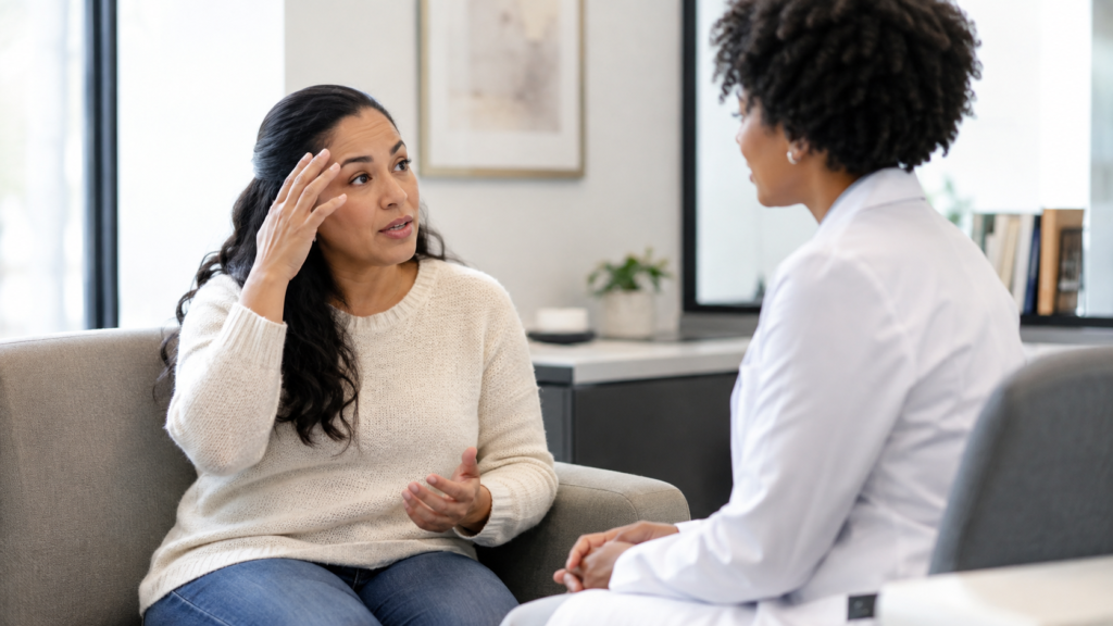 Mulher a conversar com uma profissional de saúde sobre dificuldades de concentração e outros sintomas persistentes de brain fog