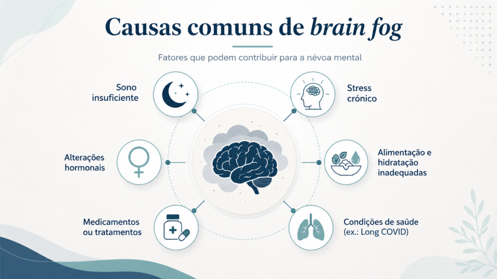 Infográfico com fatores que podem contribuir para brain fog, como sono insuficiente, stress, alterações hormonais, medicamentos e determinadas condições de saúde