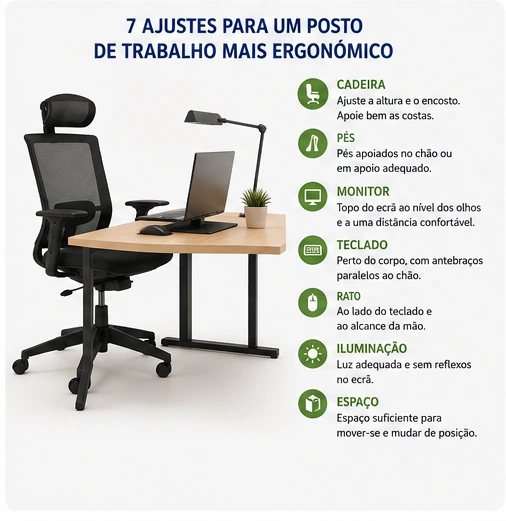 Infográfico com sete ajustes para melhorar a ergonomia no trabalho: cadeira, pés, monitor, teclado, rato, iluminação e espaço.