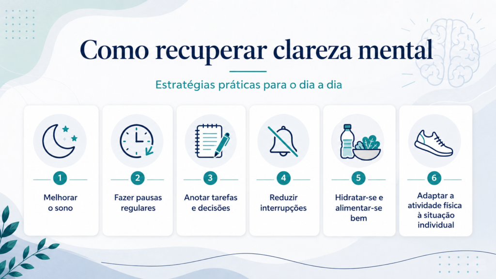 Infográfico com estratégias para reduzir a névoa mental, como melhorar o sono, fazer pausas, organizar tarefas, reduzir interrupções, manter hidratação adequada e adaptar a atividade física