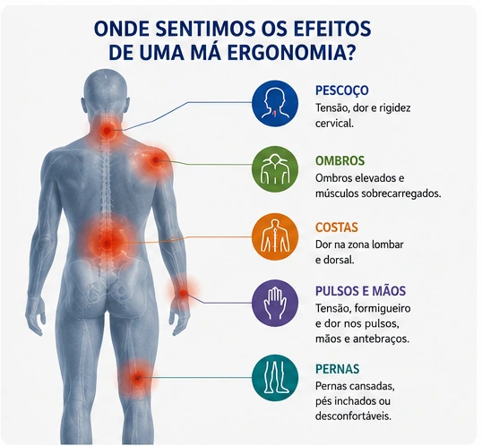 Ilustração das zonas do corpo onde podem surgir sintomas relacionados com má ergonomia, incluindo pescoço, ombros, costas, pulsos, mãos e pernas.