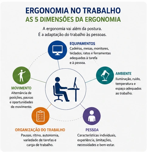 Infográfico sobre as cinco dimensões da ergonomia: equipamento, movimento, ambiente, organização do trabalho e características individuais