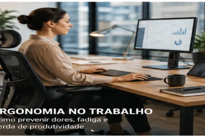 Pessoa a ajustar um posto de trabalho ergonómico com cadeira, monitor, teclado e rato.