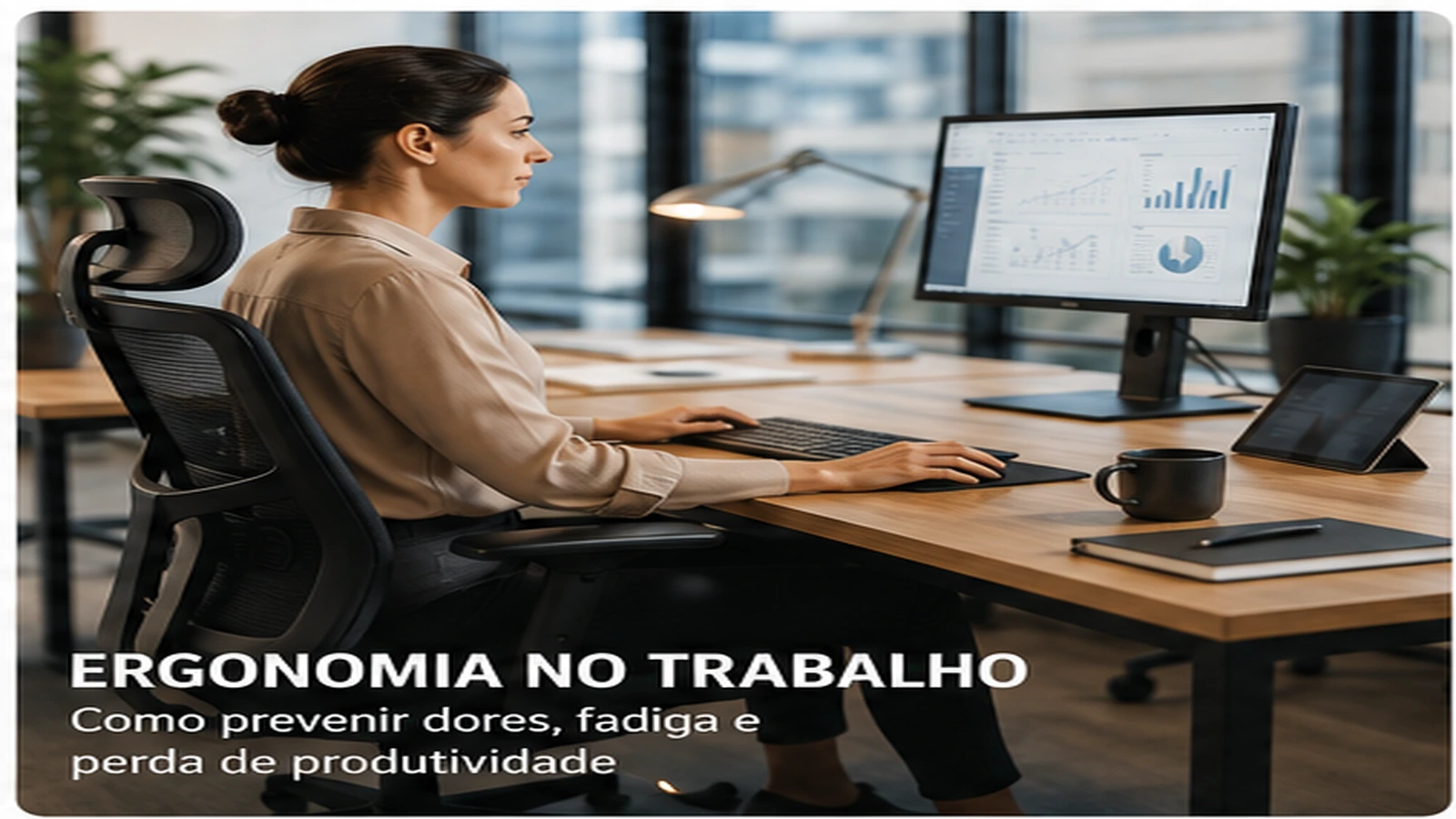 Pessoa a ajustar um posto de trabalho ergonómico com cadeira, monitor, teclado e rato.