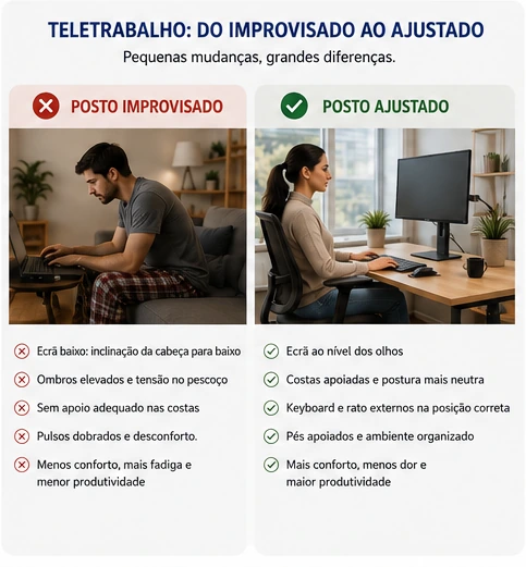 Comparação entre um posto de teletrabalho improvisado, com portátil baixo e postura inclinada, e um posto ergonomicamente ajustado.