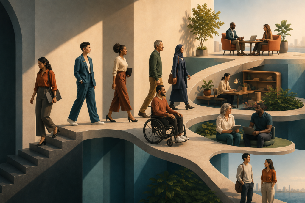 Ilustração de profissionais diversos a percorrer caminhos de carreira flexíveis e acessíveis