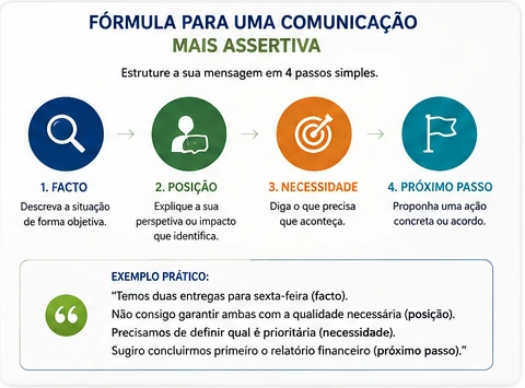 Infográfico com quatro passos para estruturar uma comunicação assertiva: facto, posição, necessidade e próximo passo