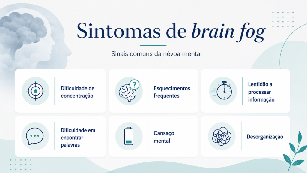Infográfico com sintomas de brain fog, incluindo dificuldade de concentração, esquecimentos, lentidão de pensamento, dificuldade em encontrar palavras, cansaço mental e desorganização