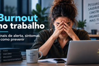 Profissional com sinais de exaustão e sobrecarga num ambiente de trabalho, representando burnout no trabalho