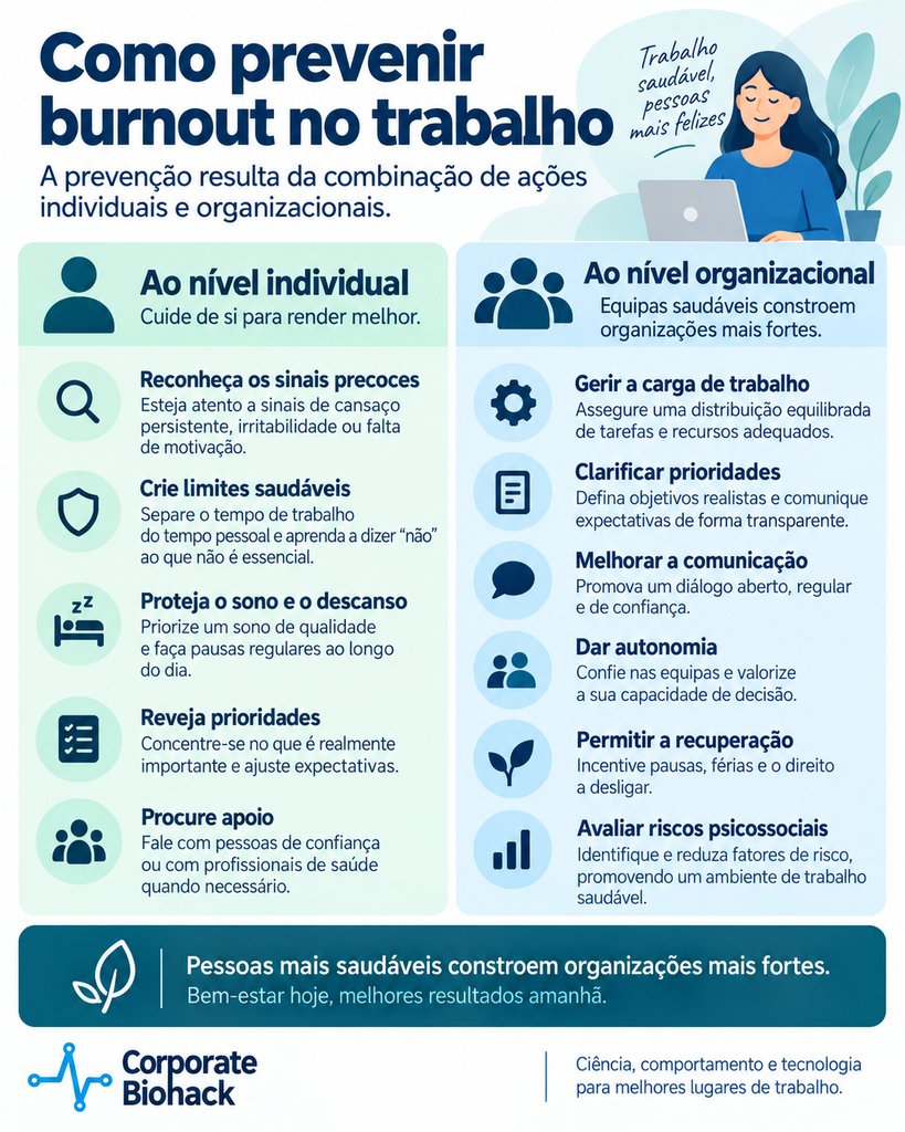 Infográfico com medidas individuais e organizacionais para prevenir burnout no trabalho