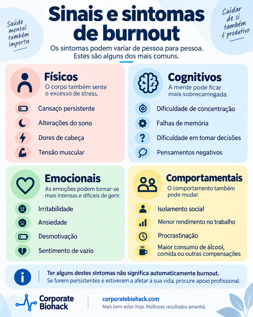 Infográfico com sinais físicos, cognitivos, emocionais e comportamentais associados ao burnout