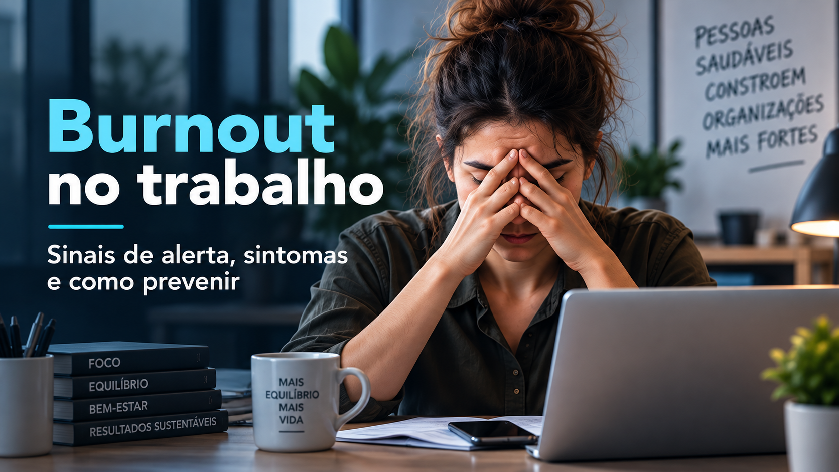 Profissional com sinais de exaustão e sobrecarga num ambiente de trabalho, representando burnout no trabalho