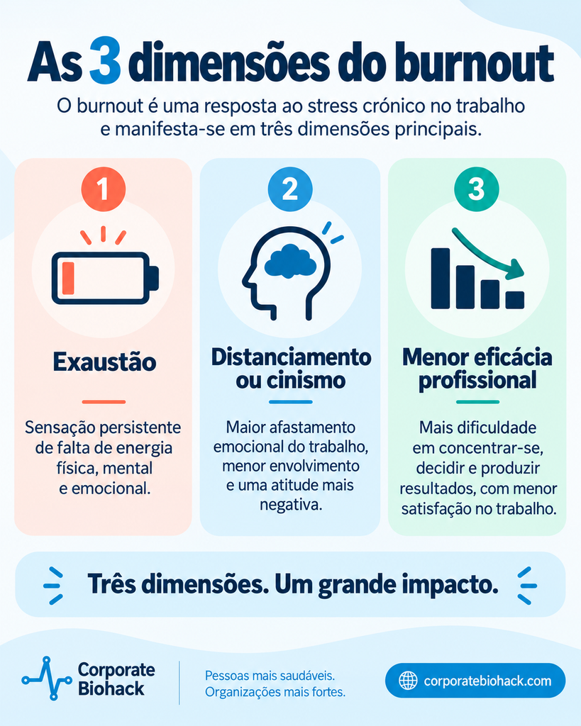 Infográfico com as três dimensões do burnout: exaustão, distanciamento ou cinismo e menor eficácia profissional