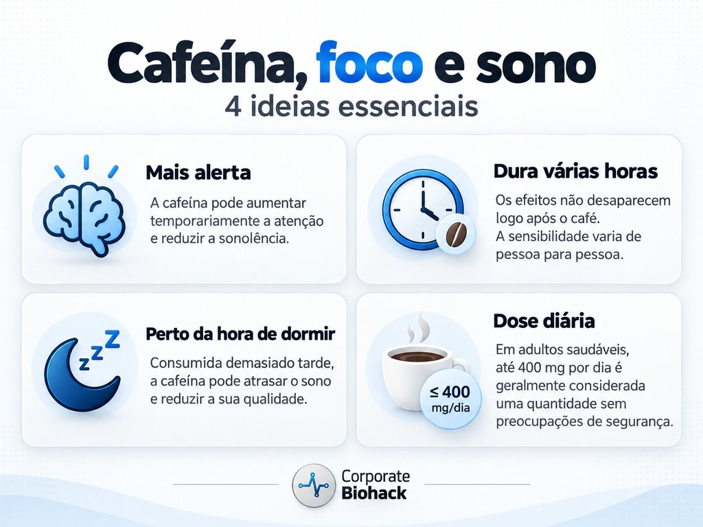 Infográfico que explica quatro aspetos da cafeína: aumento temporário da atenção, duração dos efeitos, impacto no sono e quantidade diária.