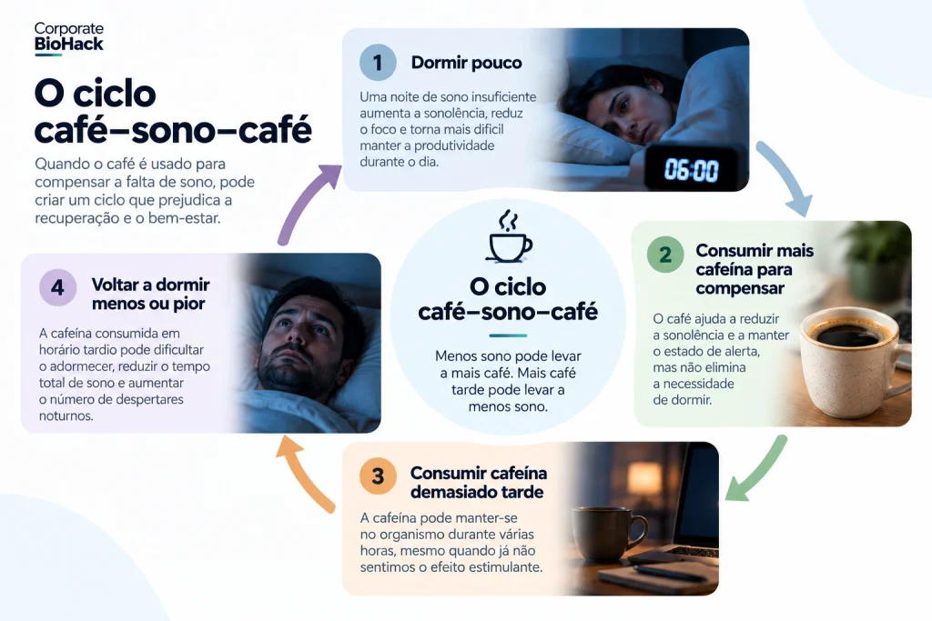 Infográfico circular que mostra como dormir pouco pode levar ao consumo de mais café, à ingestão de cafeína demasiado tarde e à redução da qualidade do sono.