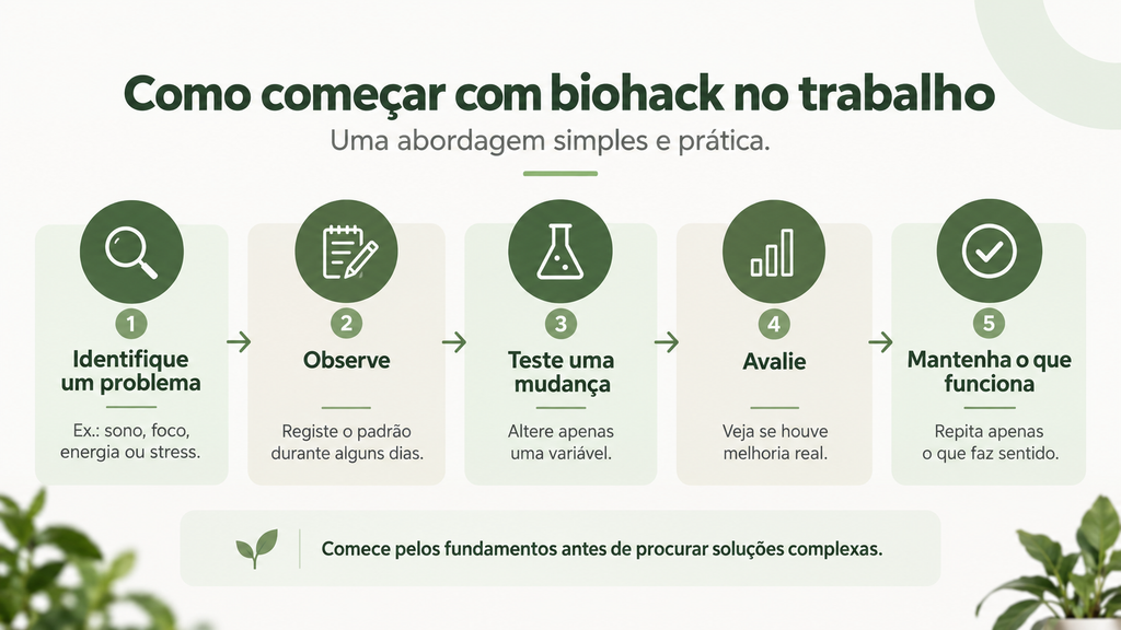 Infográfico com cinco passos para começar a aplicar biohack no trabalho: identificar um problema, observar, testar uma mudança, avaliar e manter o que funciona