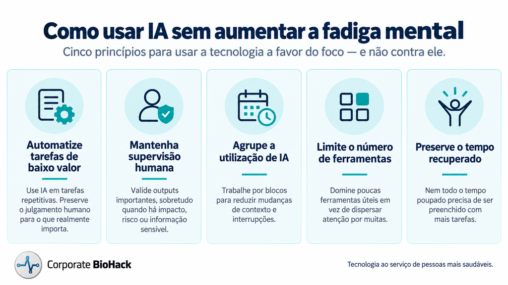 Infográfico com cinco princípios para utilizar inteligência artificial no trabalho sem aumentar a fadiga mental