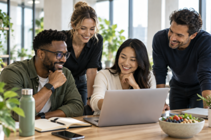 Equipa profissional diversa a colaborar num ambiente de trabalho moderno, representando foco, bem-estar e desempenho sustentável