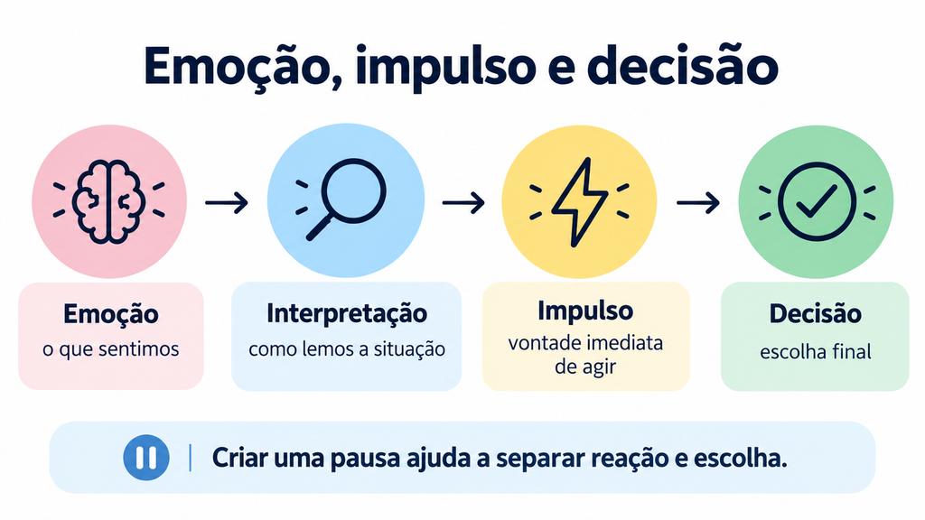Diagrama que mostra a sequência emoção, interpretação, impulso e decisão, destacando a importância de criar uma pausa antes de agir