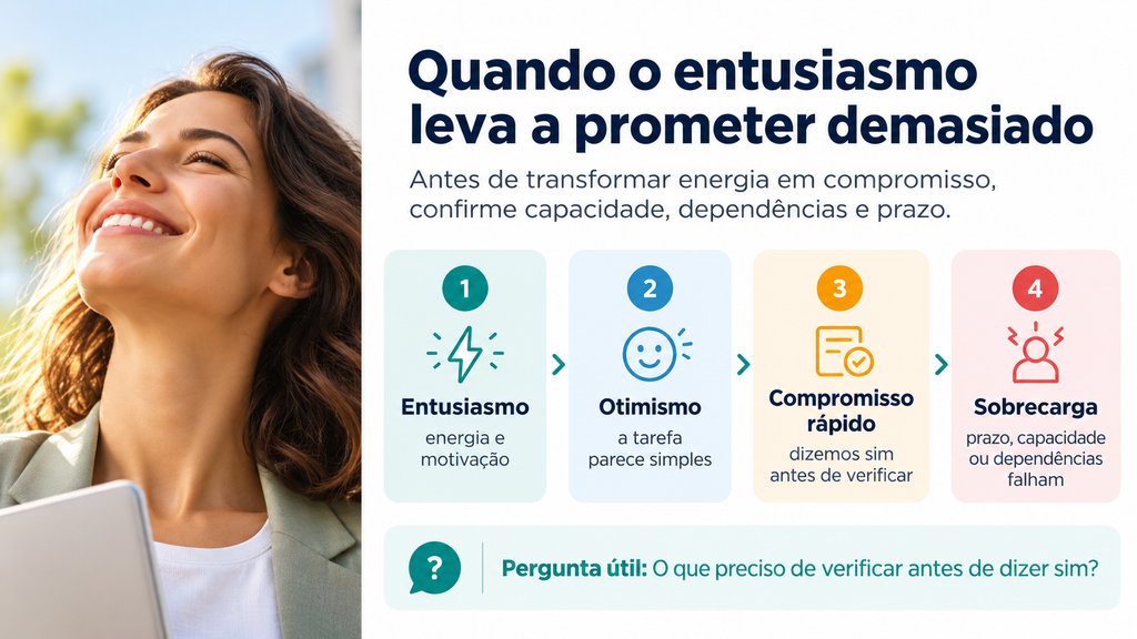 Infográfico que mostra como entusiasmo e otimismo podem levar a assumir compromissos antes de verificar capacidade, dependências e prazo.