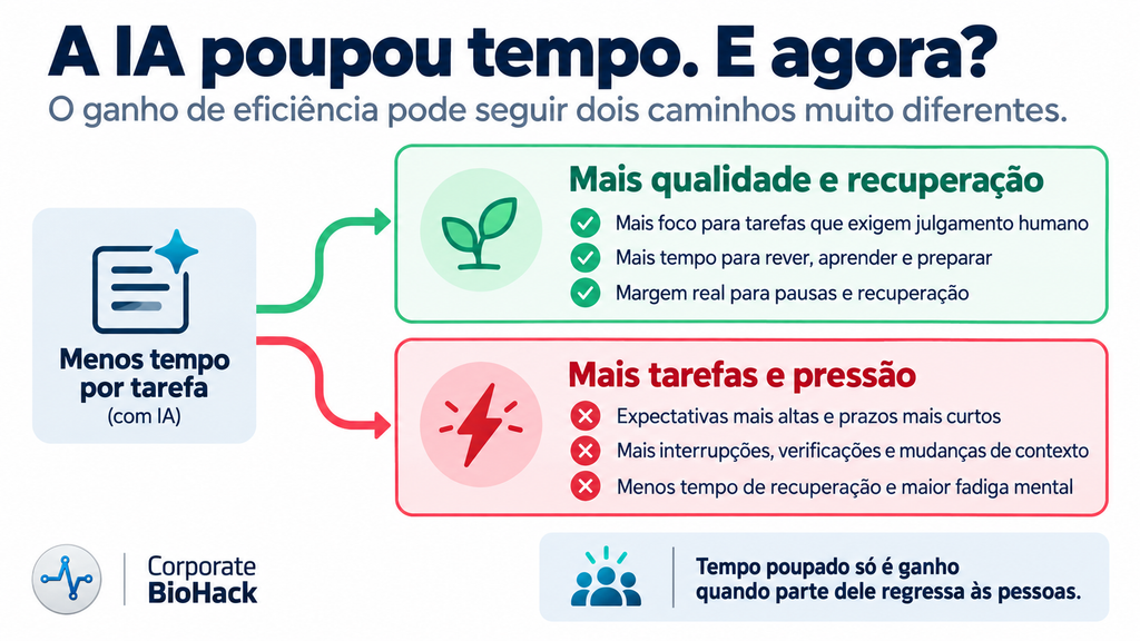 Infográfico que mostra dois possíveis efeitos do tempo poupado com inteligência artificial: mais qualidade e recuperação ou mais tarefas e pressão.