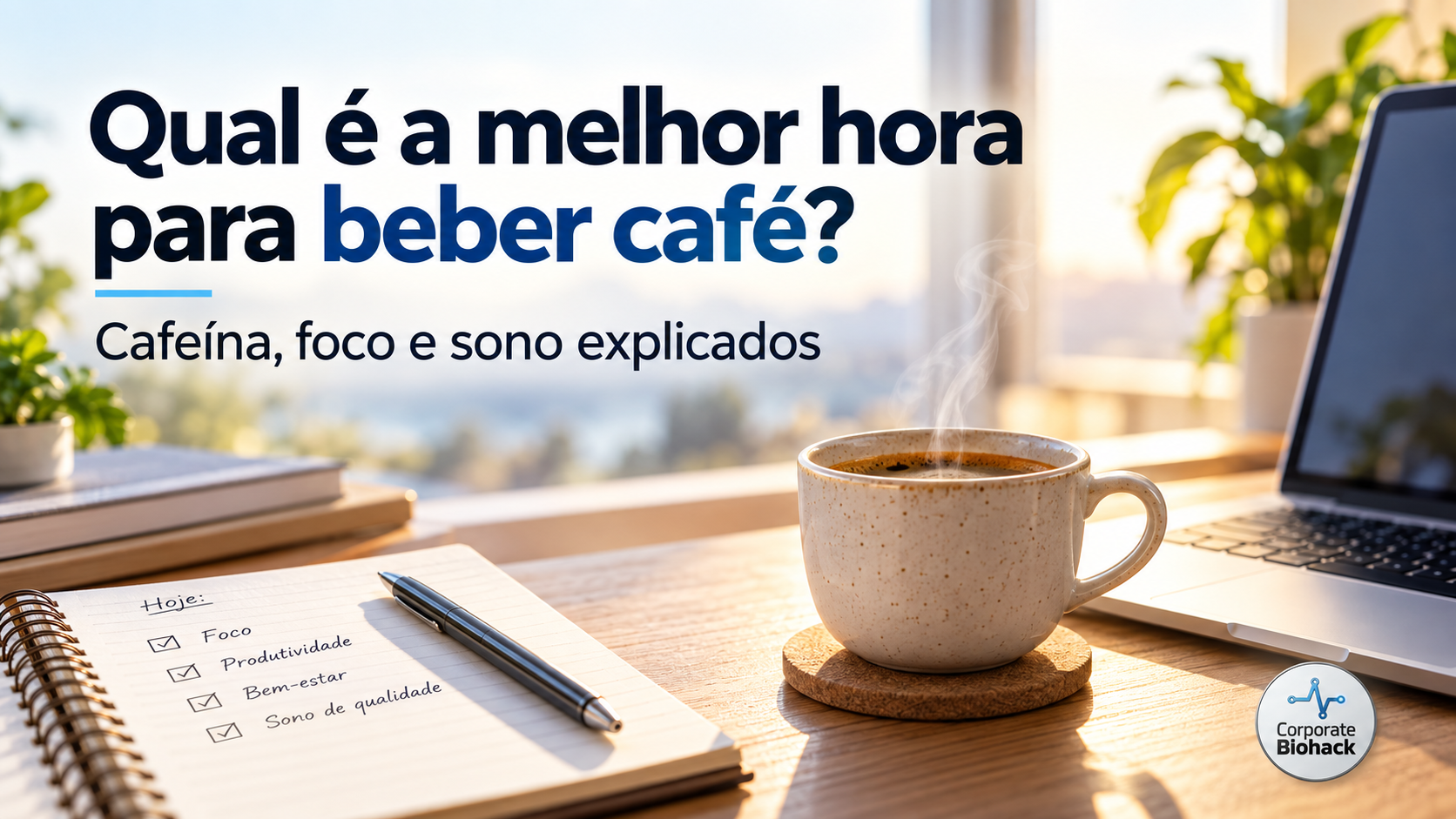 Chávena de café numa secretária iluminada pela luz da manhã, representando a relação entre cafeína, foco e sono.