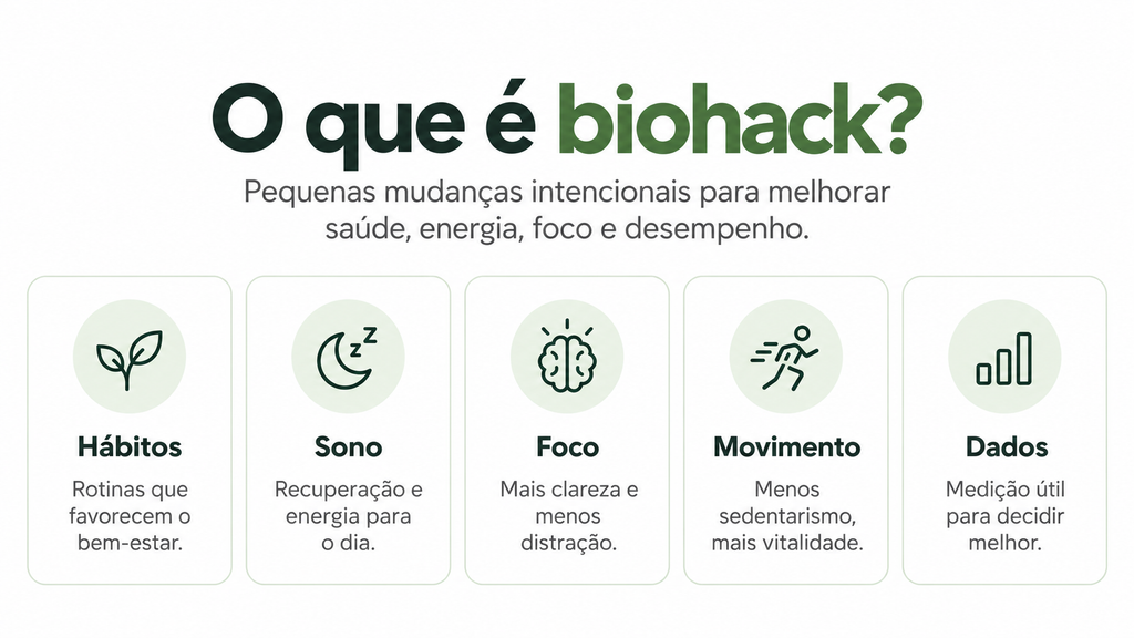 Infográfico que explica biohack através de cinco áreas: hábitos, sono, foco, movimento e dados