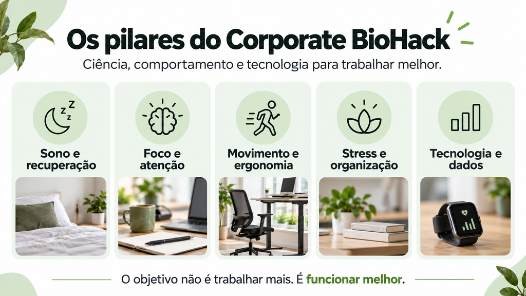 Infográfico com os cinco pilares do Corporate BioHack: sono e recuperação, foco e atenção, movimento e ergonomia, stress e organização, tecnologia e dados