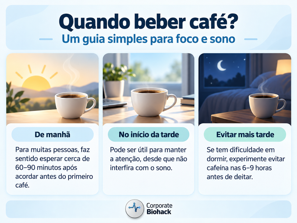 Infográfico com três momentos do dia para consumir café: manhã, início da tarde e período próximo da hora de dormir.