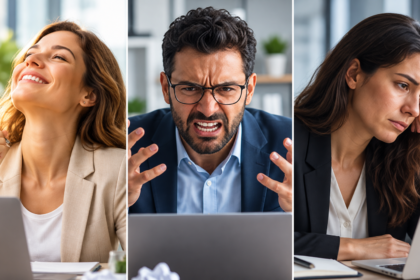 Três profissionais em diferentes estados emocionais — entusiasmo, irritação e tristeza — num contexto de trabalho