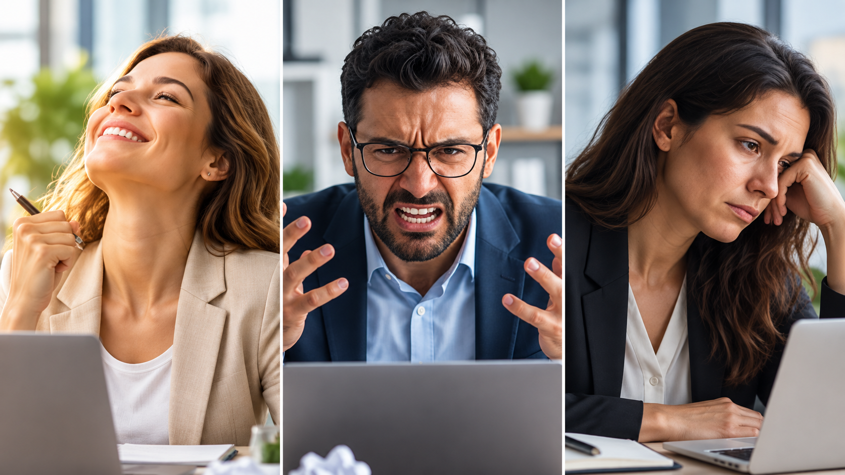 Três profissionais em diferentes estados emocionais — entusiasmo, irritação e tristeza — num contexto de trabalho