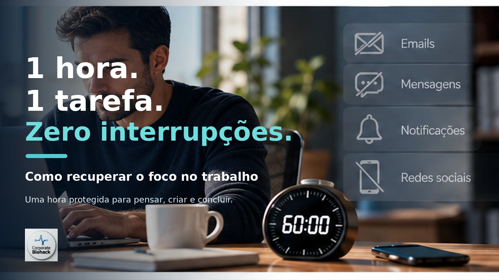 Profissional concentrado numa tarefa durante uma hora de trabalho sem interrupções, com notificações e telemóvel afastados.